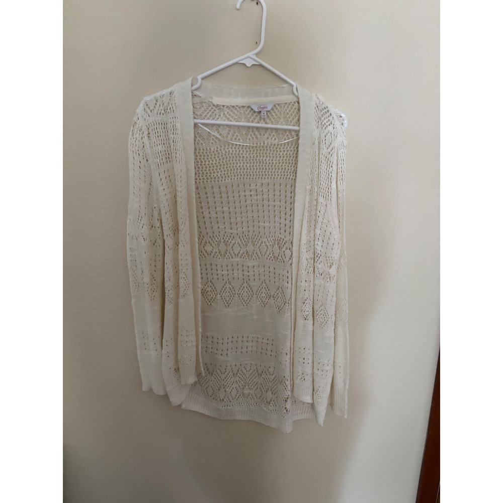 Candies Cream Pointelle Knit Open Front Cardigan Sweater Womens Medium  A1163